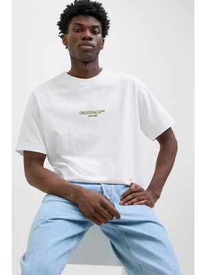 Jack & Jones Erkek Jorıslıngton Bisiklet Yaka Kısa Kollu %100 Pamuk T-Shirt 12273157 Beyaz