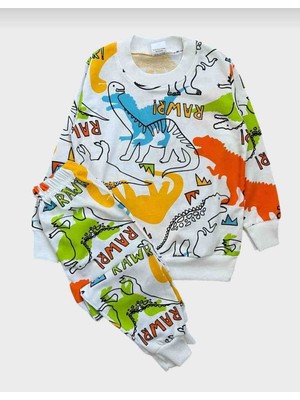 Döne Gözübek Erkek Çocuk Beyaz Mevsimlik Dinazor Desenli Uzun Kollu Pijama Takımı