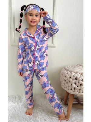 Pjkö Kalpli Unicorn Desenli Lila Uzun Kollu Önden Düğmeli Kız Çocuk Pijama Takımı 4-12 Yaş 534U