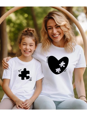 Aile Kombin Tişört-  Anne Kız Puzzle Kalp Baskılı Bisiklet Yaka Tişört/t-Shirt (Tek Adet Fiyatıdır.)