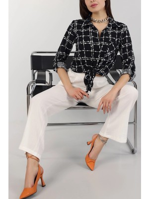 Kadın Siyah Etnik Desenli Viskon Gömlek HZL25W-BD136391