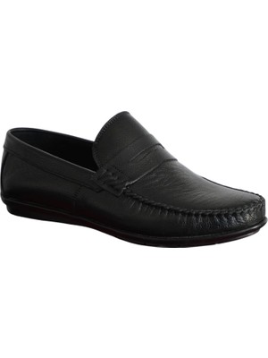 Deri Siyah Erkek Ayakkabı Loafer Topuk Pedli Kauçuk Bağcıksız