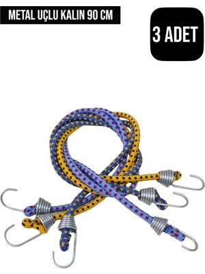 ( 3 Adet ) Bagaj Lastiği Metal Kancalı Gergi Halatı 90 cm | Otomobil Bisiklet Kancalı Gergi