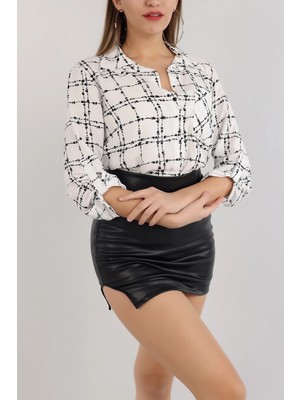 Kadın Beyaz Etnik Desenli Viskon Gömlek HZL25W-BD136391