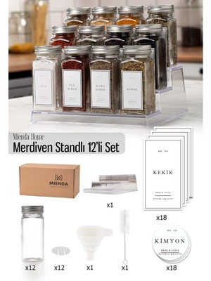 Mienda Home 12'li Şeffaf Merdiven Standlı Cam Baharatlık Seti Etiket Fırça ve Huni Hediyeli