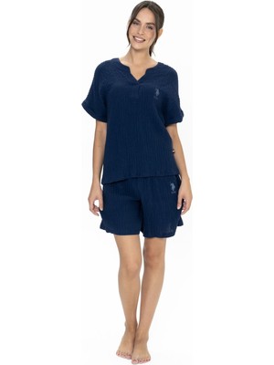 U.s. Polo Assn. 20017 Kadın Lacıvert Kısa Kollu Patlı Müslin Kumaş Şort Takımı