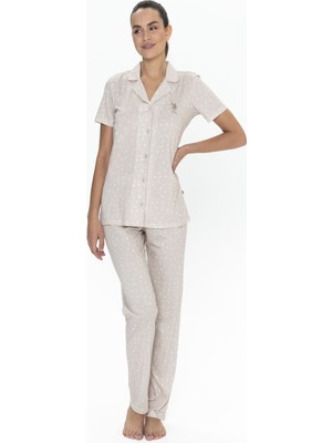 U.s. Polo Assn. 20051 Kadın Bej Kısa Kollu Boydan Patlı Pijama Takımı