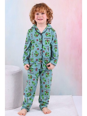 Pjkö Minec Desenli Yeşil Uzun Kollu Önden Düğmeli Erkek Çocuk Pijama Takımı 4-12 Yaş 604U