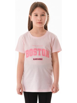 %100 Pamuk Boston Yazı Baskılı Kız Çocuk Tişört