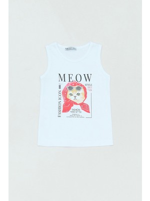  %100 Pamuk  Kedi Baskılı Kalın Askılı Kız Çocuk Tişört