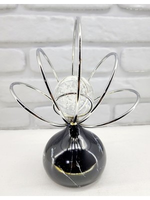 Decodelight Siyah Mermer Desen Metal Ayak Baloncuklu Taşlı Ev Salon Aksesuar Krom Yelpaze Model Biblo Obje
