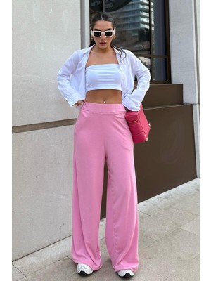 Pembe Yüksek Bel Rahat Kesim Geniş Paça Kadın Pantolon MG2309