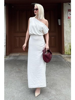 Madmext Beyaz Düşük Omuz Elbise MG2349
