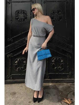 Madmext Gri Düşük Omuz Elbise MG2349