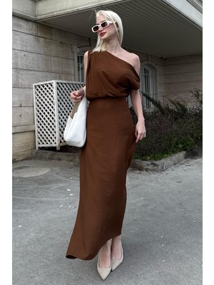 Madmext Kahverengi Düşük Omuz Elbise MG2349