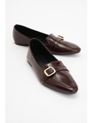 Luvi Zarına Bordo Rugan Deri Gold Tokalı Kadın Babet Ayakkabı