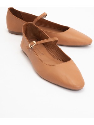 Luvi Lunaıre Taba Deri Tek Bantlı Sivri Burun Kadın Babet Ayakkabı