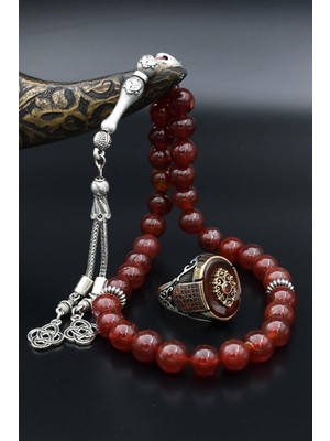 Prestige Gümüş Doğal Akik Taşlı Tesbih ve 925 Ayar Gümüş Erkek Yüzüğü Akik Taşlı 901519