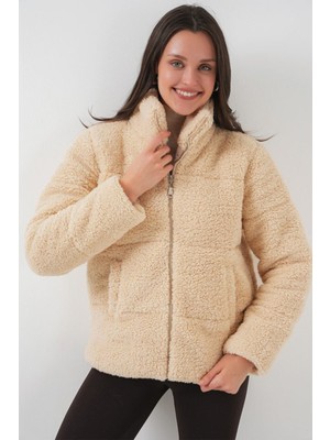 5178 Astarlı Peluş Mont - Krem