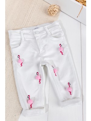 Flamingo Ponponlu Beyaz Kız Bebek Denim Pantolon