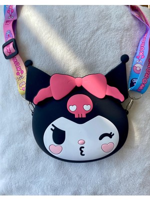 Kız Çocuk Sanrio Kuromi Figürlü Çıkartılabilir Ayarlanabilir Askı Silikon Siyah Çapraz Çanta Cüzdan