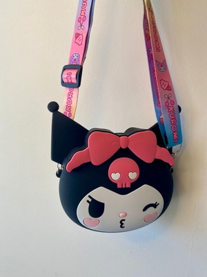 Kız Çocuk Sanrio Kuromi Figürlü Çıkartılabilir Ayarlanabilir Askı Silikon Siyah Çapraz Çanta Cüzdan