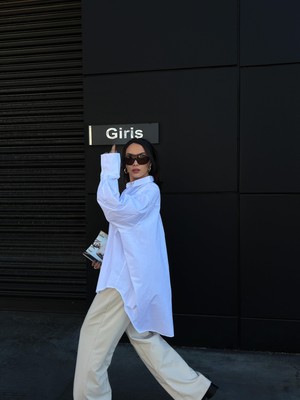 Kadın Beyaz Özel Tasarım %100 Pamuk Oversize Tunik Boy Uzun Gömlek 29017