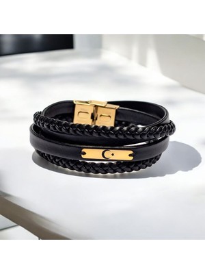 Archin Gösterişli Dikdörtgen Motifli, Siyah Deri Örgülü ve 14 Ayar Altın Plakalı Özel Semboller Bilekliği