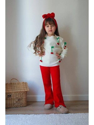 Yağmurun Butiği Kiraz Örgülü Triko Kumaş Kırmızı Renk Taytlı İkili Kız Çocuk Takımı