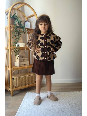 Yağmurun Butiği Lepar Desenli Triko Hırka ve Etek Ikili Kız Çocuk Kombin