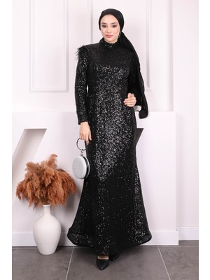 İmaj Butik Siyah Bel Kuşaklı Payetli Abiye