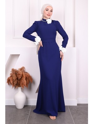 İmaj Butik Saks Mavi Kolu Papatya Detaylı Abiye