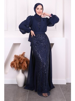 İmaj Butik Lacivert Boncuklu Şifon Abiye