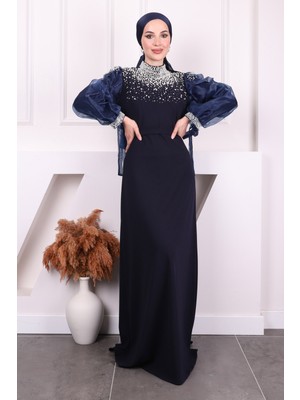 İmaj Butik Lacivert Kolları Tül Boncuklu Abiye