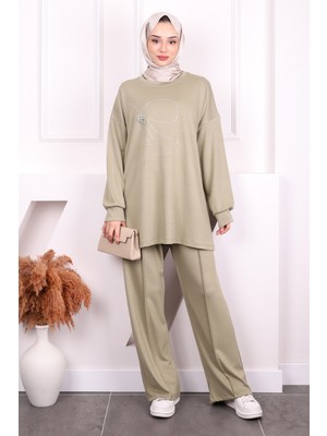 İmaj Butik Haki Taş İşlemeli Modal Tunik Pantolonlu Takım
