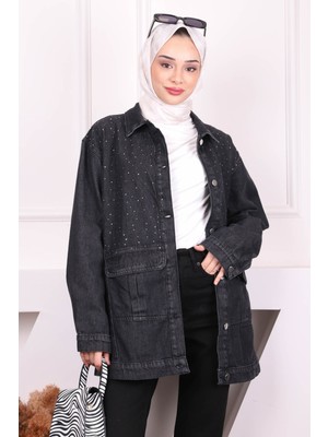 İmaj Butik Siyah Taş İşlemeli Kot Ceket