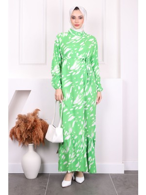 İmaj Butik Yeşil Desenli Eteği Katlı Viscon Elbise