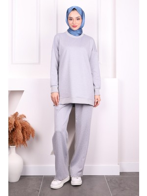 İmaj Butik Gri Taş Detaylı Tunik Pantolonlu Oys Takım