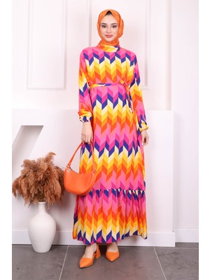 İmaj Butik Fuşya Sarı Desenli Eteği Katlı Viscon Elbise