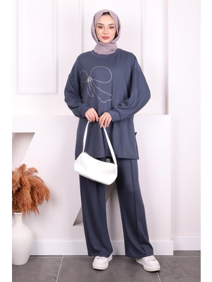 İmaj Butik Antrasit Taş İşlemeli Modal Tunik Pantolonlu Takım