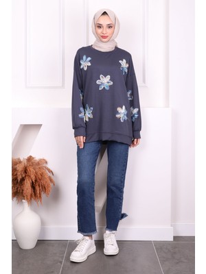 İmaj Butik Füme Çiçekli Modal Sweat