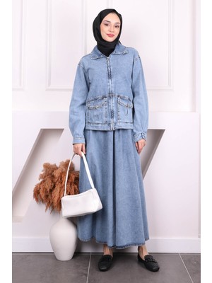 İmaj Butik Mavi Cep Taşlı Ceket Etekli Kot Takım