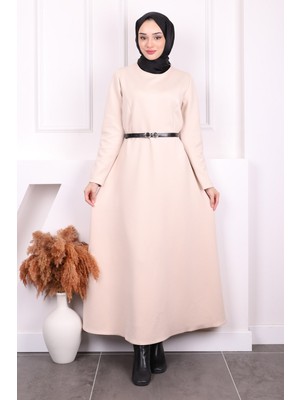 İmaj Butik Bej Bel Kemerli Scuba Elbise
