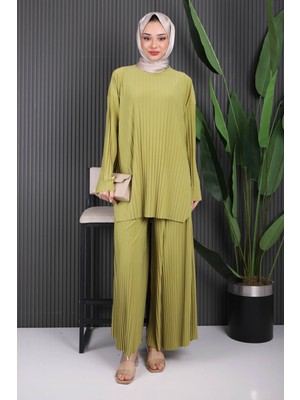 İmaj Butik Yağ Yeşili Piliseli Sandy Tunik Pantolon Takım