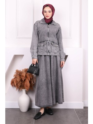 İmaj Butik Füme Cep Taşlı Ceket Etekli Kot Takım