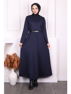 İmaj Butik Lacivert Bel Kemerli Scuba Elbise