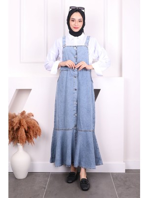 İmaj Butik Mavi Cepli Düğmeli Eteği Katlı Kot Jile