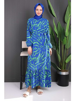 Saks Mavi Desenli Eteği Katlı Viscon Elbise