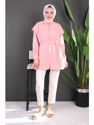 Pudra Bel Kuşaklı Omuz Detaylı Gömlek