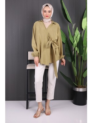 İmaj Butik Yağ Yeşili Yan Bağlamalı Kimono